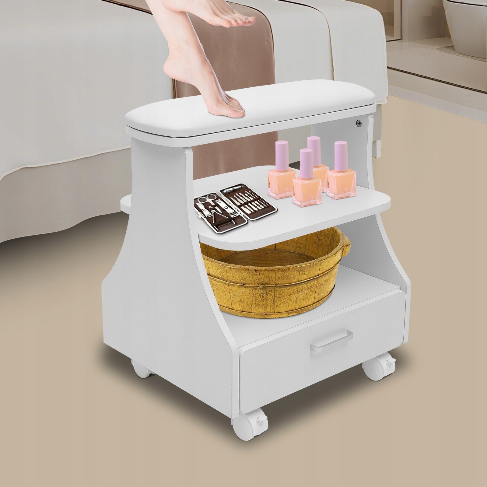White Feet Rest Pedicure Manicure Funiture Trolley with Wheels 20kg Load Packaging status original
