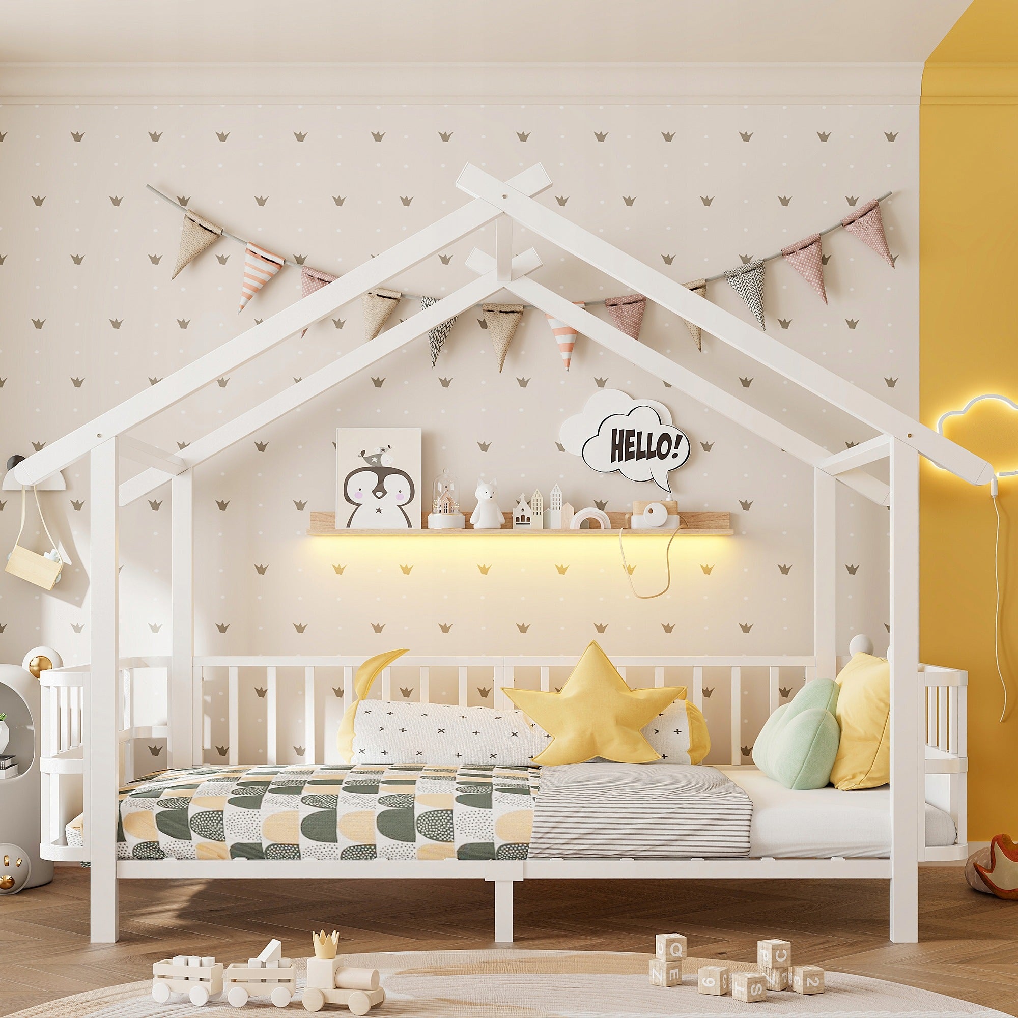 White Metal Kids Bed 90 x 200 cm Roof Style with Protective Rail Brand no brand