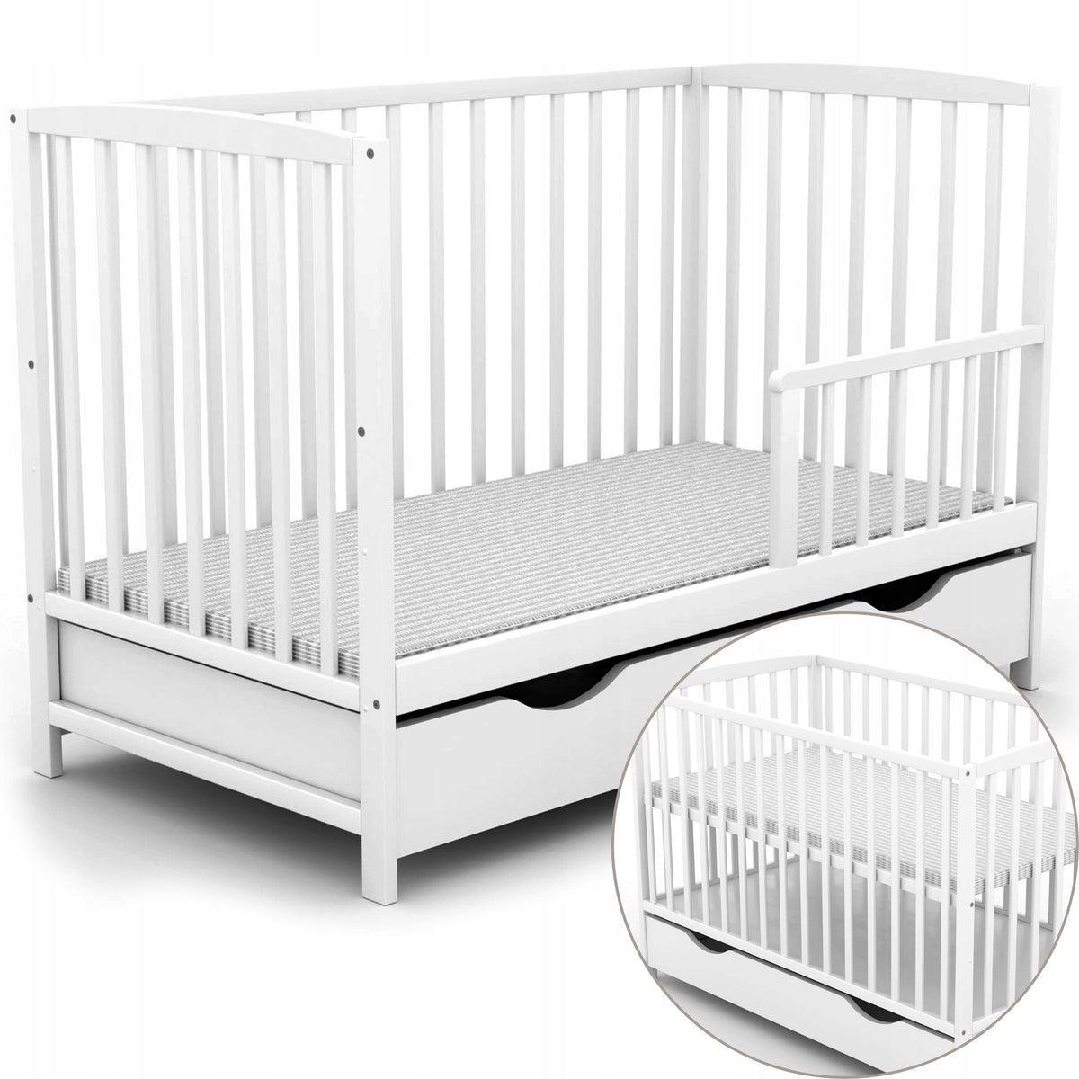 White Pine Crib with Drawer Krzyś + Barrier for Sofa /Arco option