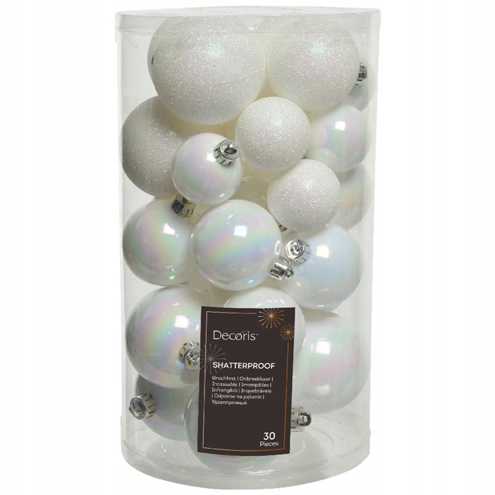 White Plastic Baubles Irised Glitter 4-6 cm 30 pcs MIX Unbreakable