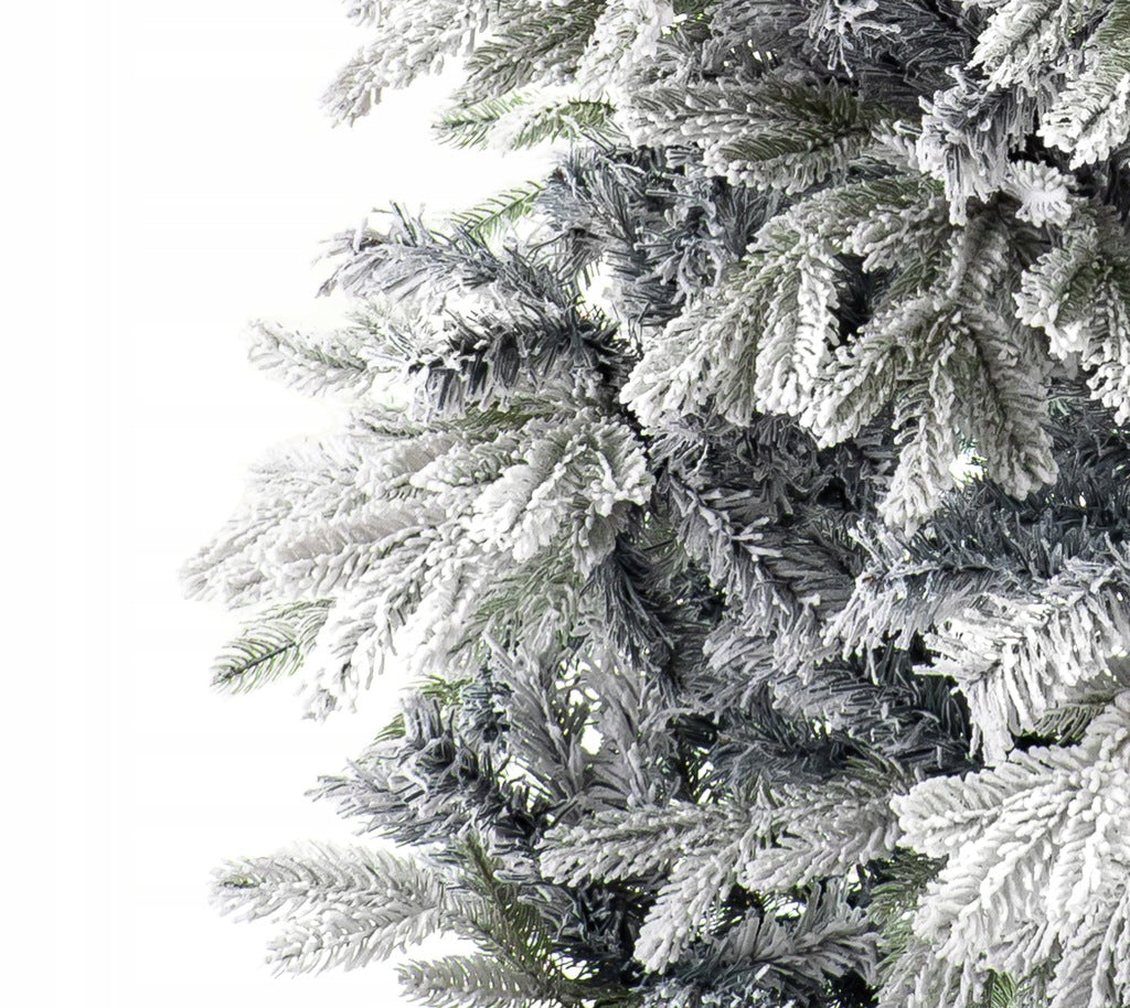 White dense Christmas tree infused artificial frost PE 220 cm on the trunk snow-covered Manufacturer code PE02 na pniu 220 szron śnieg