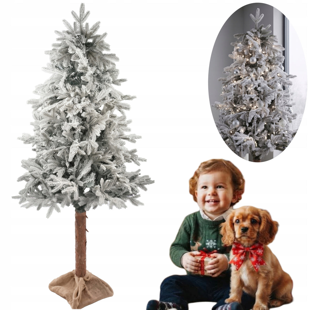 White dense Christmas tree infused artificial frost PE 220 cm on the trunk snow-covered