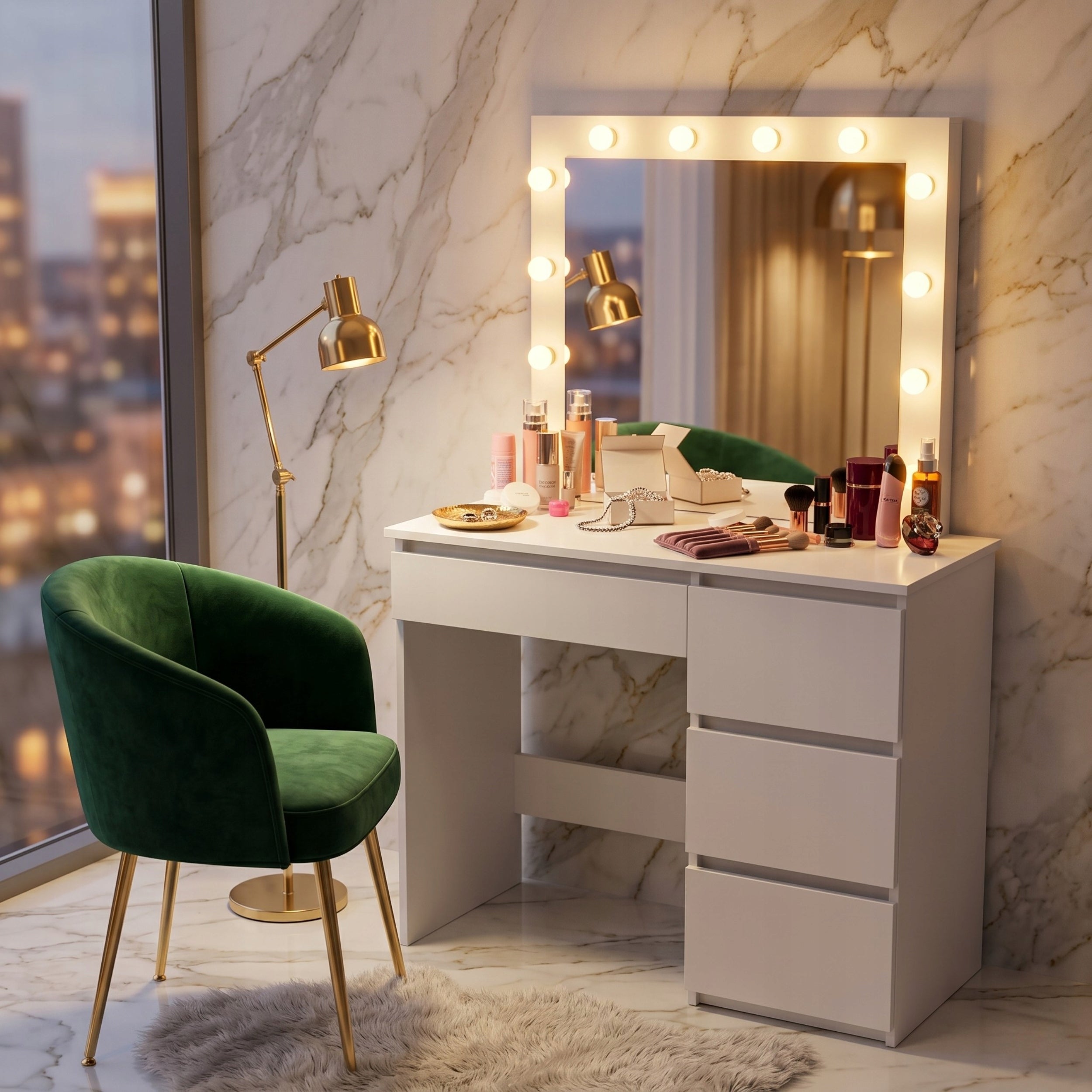 White dressing table cosmetic with large mirror for makeup 12xLED FUNFIT Furniture width 90 cm