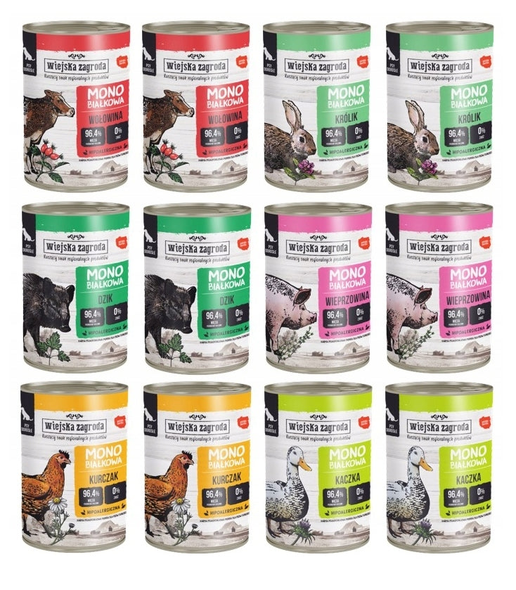Wiejska Zagroda Wet dog food Monoprotein MIX OF FLAVORS 12x 400g
