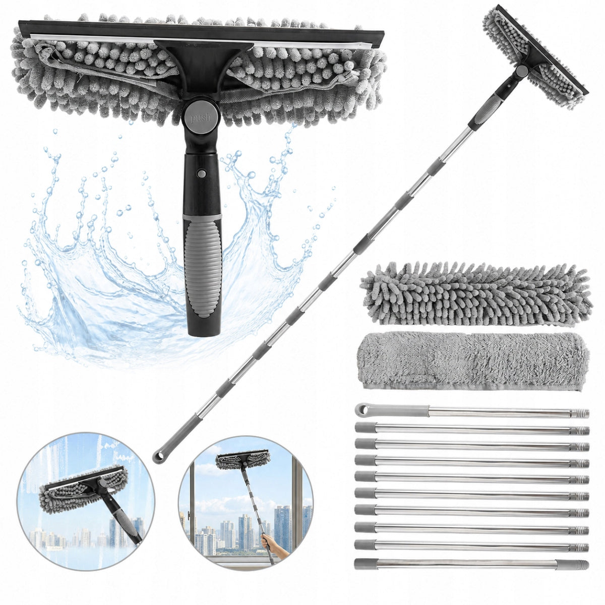 Window washer with squeegee telescopic handle long
