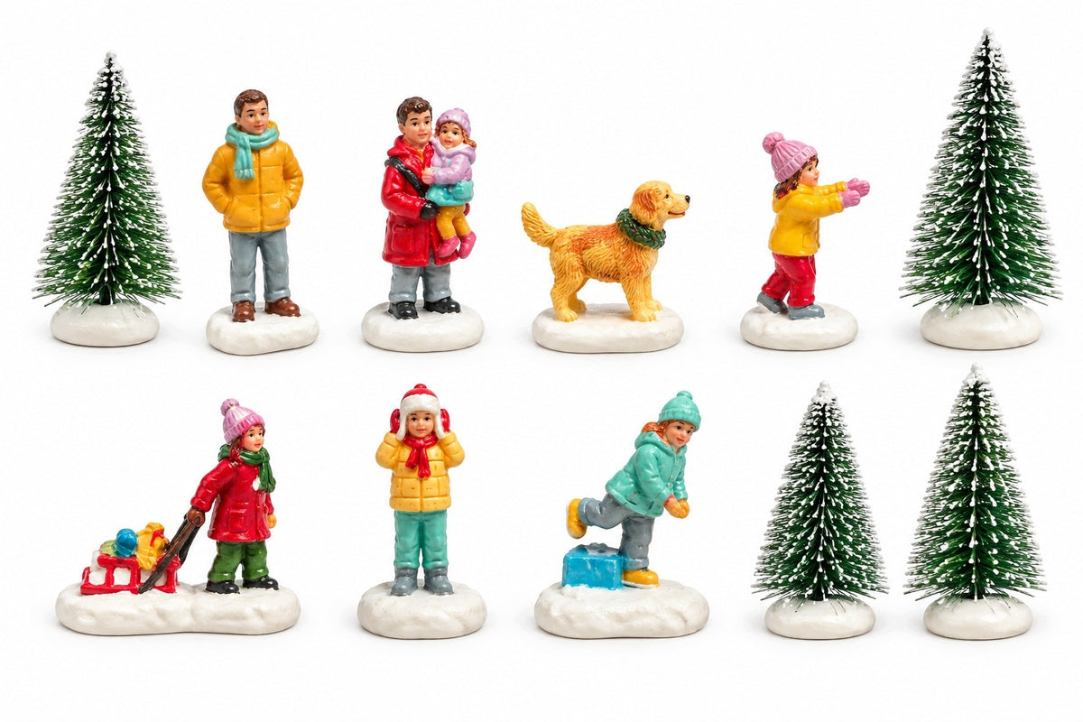Winter town Christmas village figurines Christmas tree ski sled