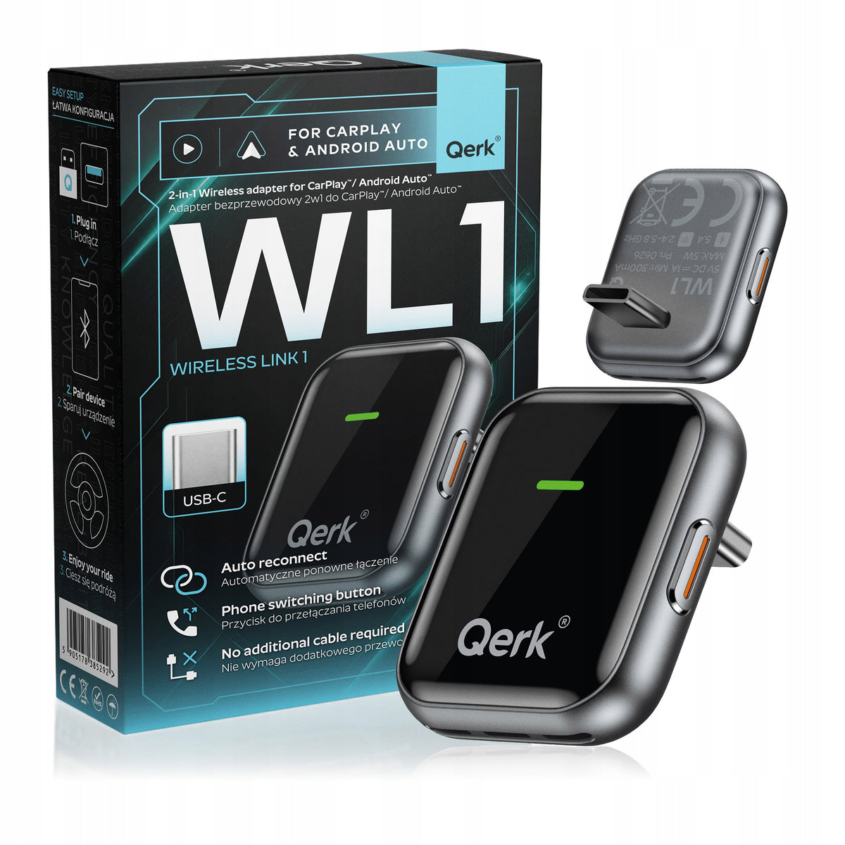 Wireless Adapter for CarPlay Android Auto USB C Wifi Bt Slim Qerk WL1-B