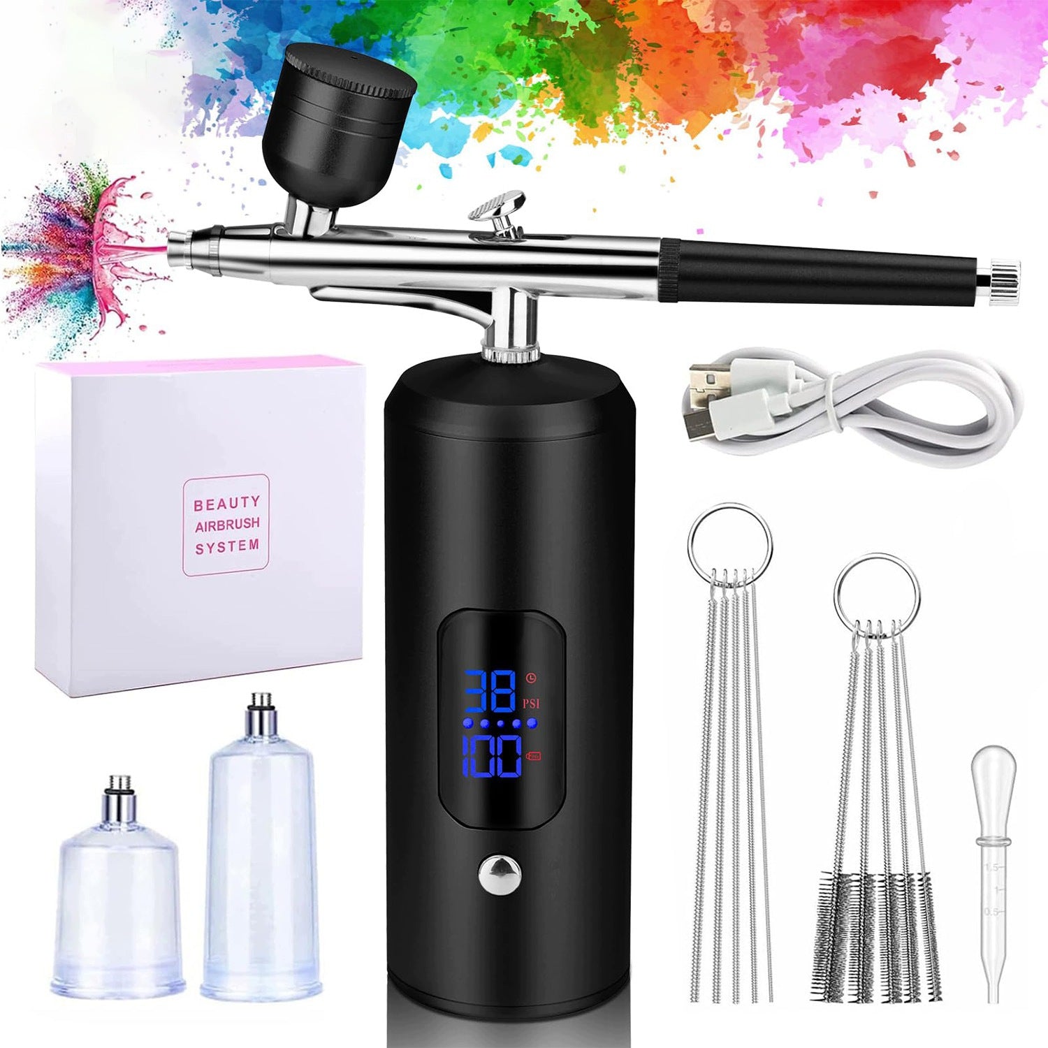 Wireless Airbrush Set Black LCD Coloring