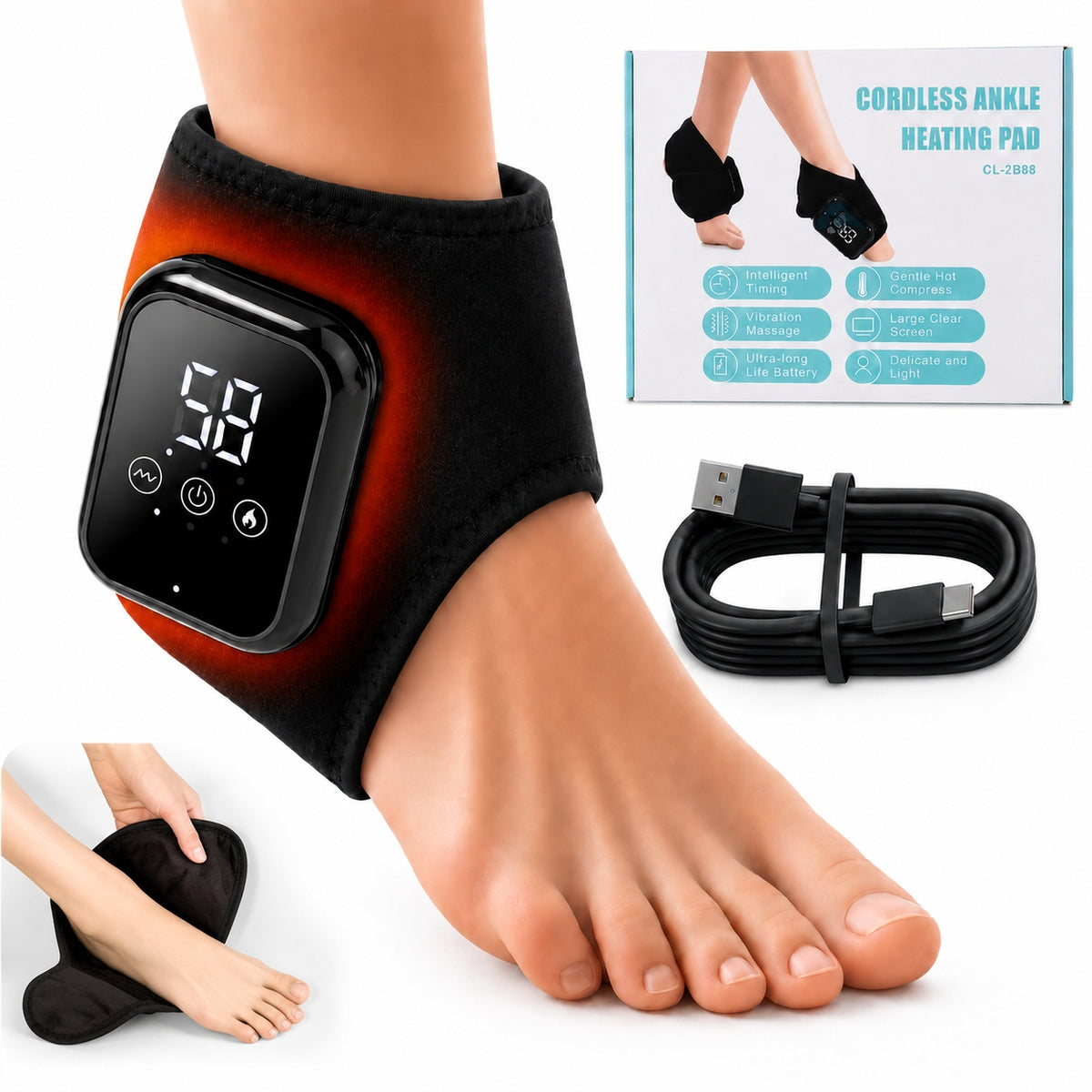 Wireless Foot Cube Massager 2in1 Vibration Heating Super Black LCD