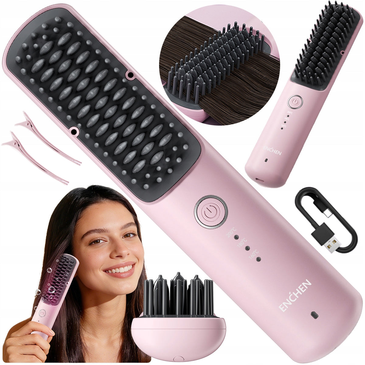 Wireless Straightening Brush Ionization for Straightening ENCHEN H6 pink