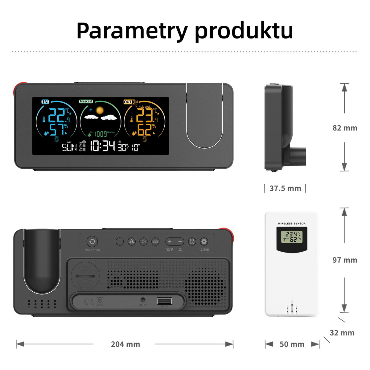 Wireless Weather Station Projector with Outdoor Sensor & Alarm Packaging status original