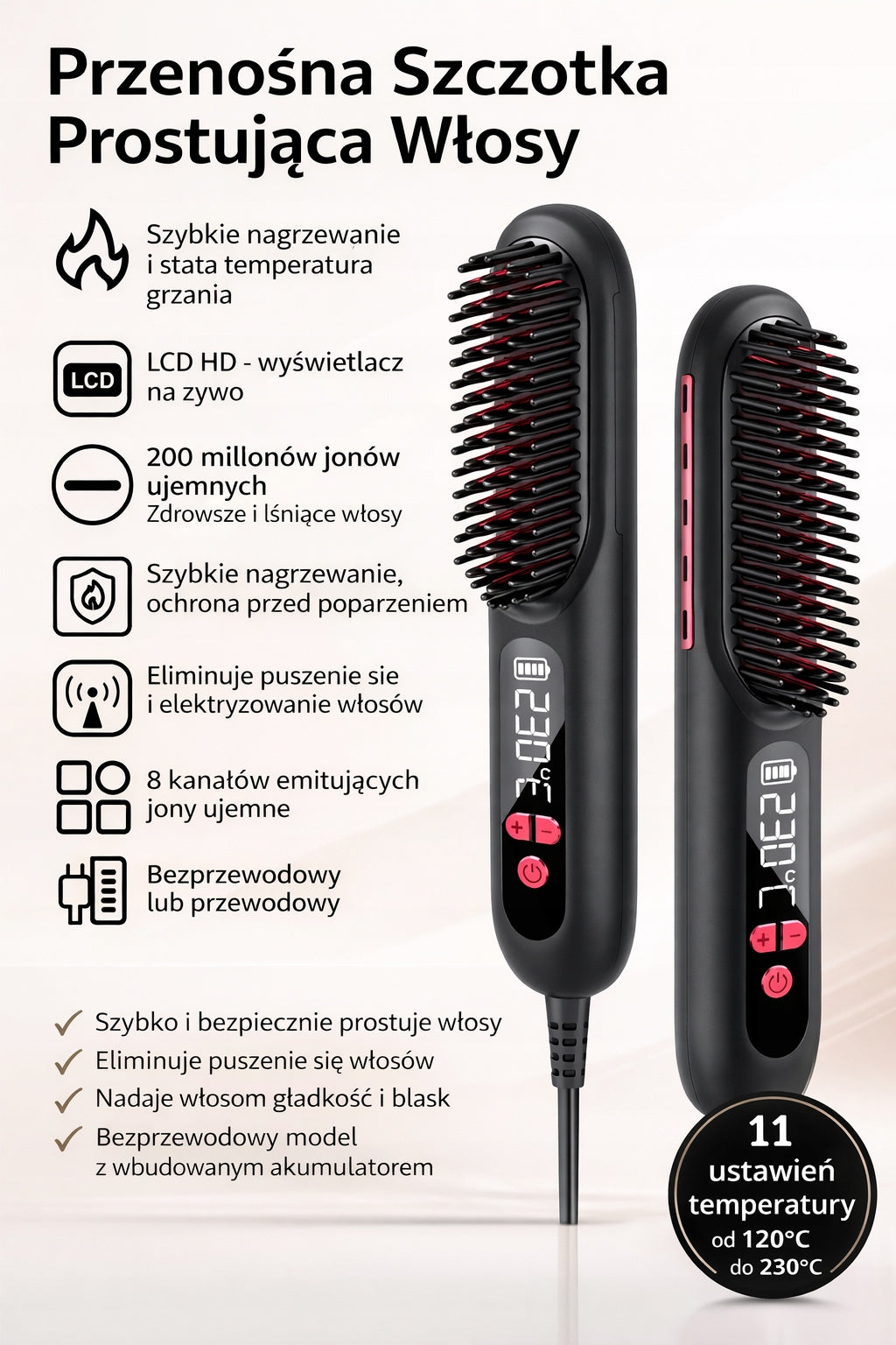 Wireless straightening brush for hair Selvione 230°C ionization USB-C