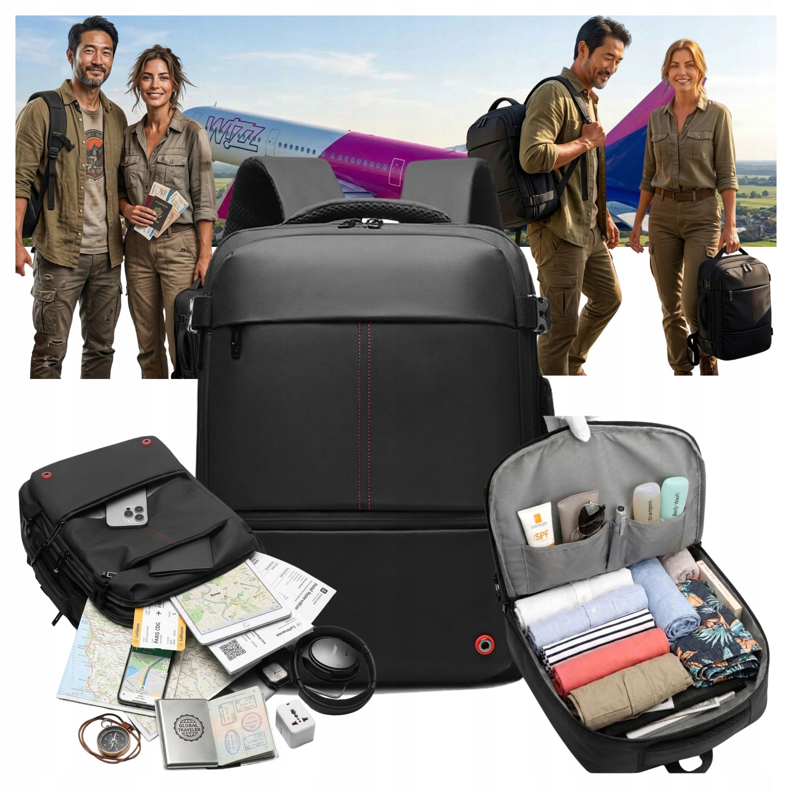 Wizzair Ryanair Airplane Backpack CABIN HAND LUGGAGE 40x30x20 USB