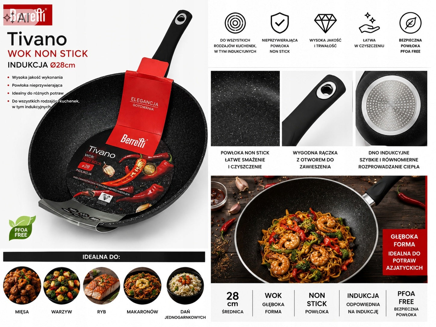 Wok Berretti Tivano 28 cm induction frying pan NON STICK PFOA FREE