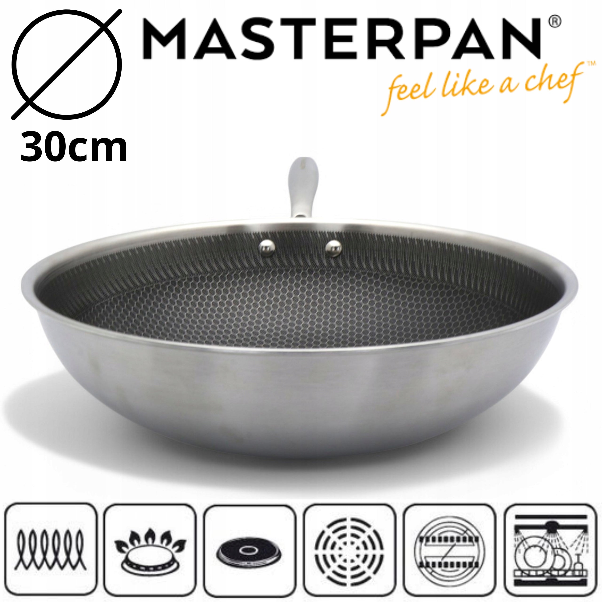 Wok MASTERPAN WOK HONEYCOMB MASTERPAN 30cm 3.7L 30 cm Manufacturer code WOK ZE STALI NIERDZEWNEJ PLASTER MIODU 30cm