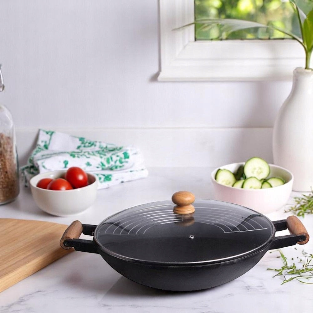 Wok pan CAST IRON 35cm wok with accessories large set for kitchen Asian Brand MPLCo