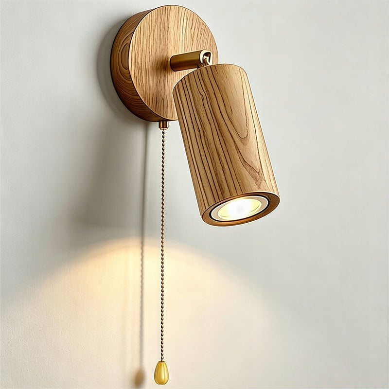 Wood Wall Spotlight Pull-Cord Switch 180° Swivel Adjustable LED Wall Lamp