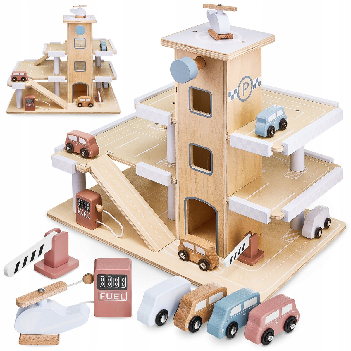Wooden 3-level car park with elevator, cars and helicopter Mamabrum