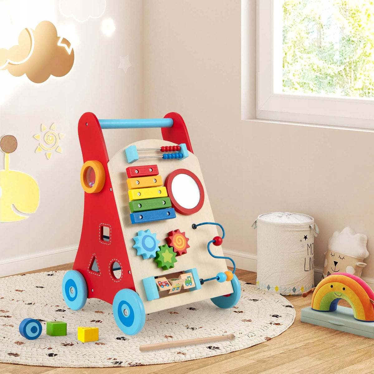 Wooden Baby Walker Educational Toy with Mirror and Wheels Packaging status original