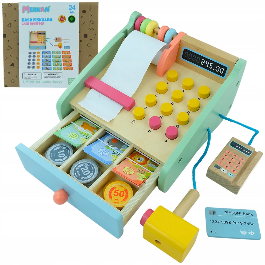 Wooden Cash Register Fiscal Shop Kids Educational Toy + Accessories Brand Merkan