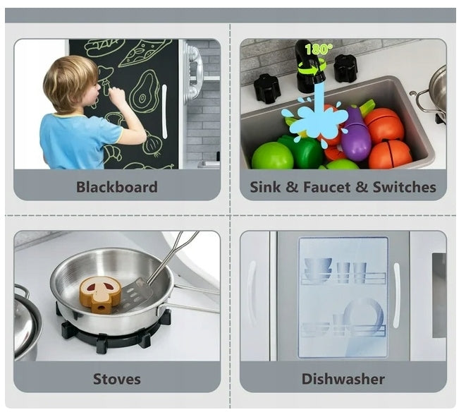 Wooden Children's Kitchen with 10 Play Accessories White Grey Brand Costway