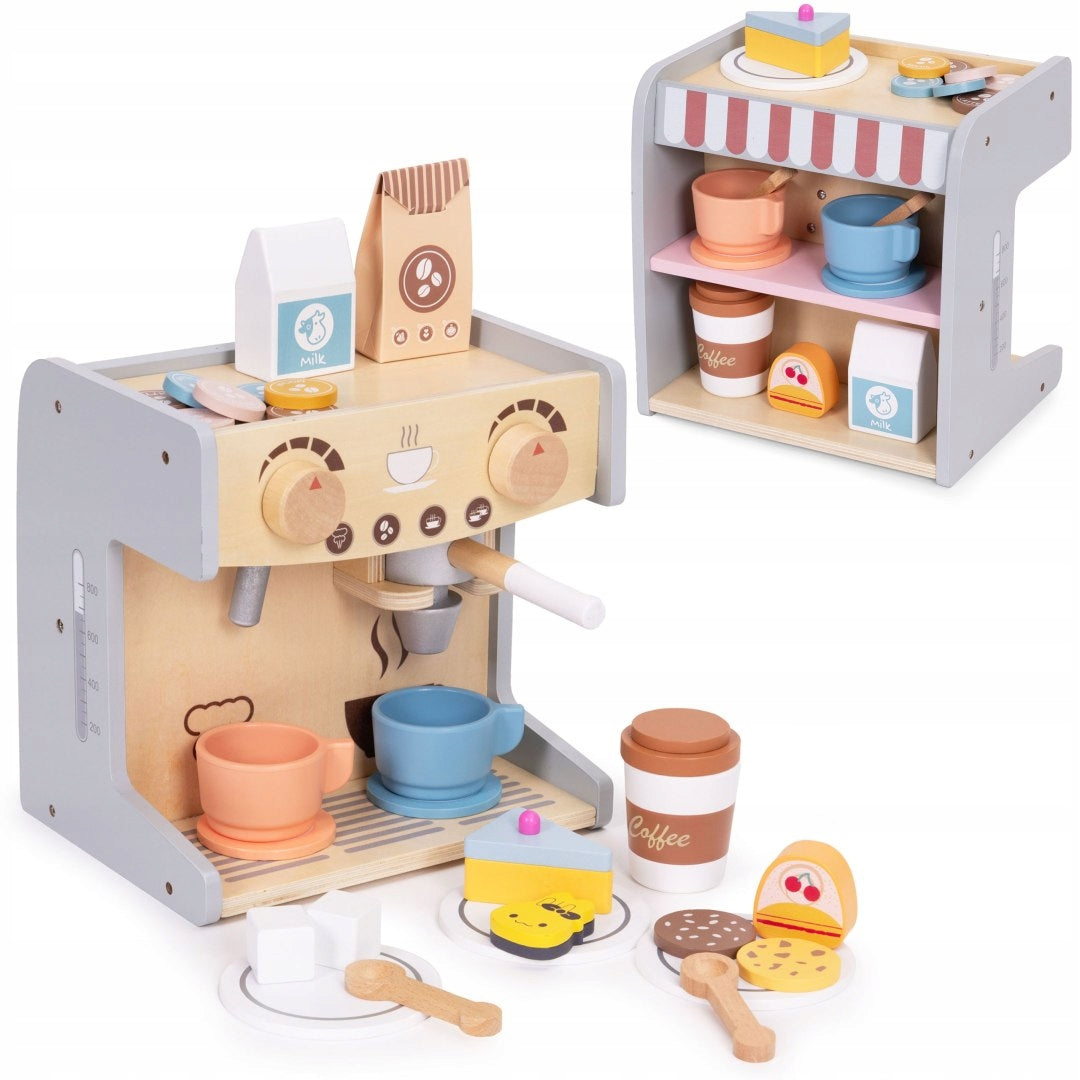 Wooden Coffee Maker for Kids 2in1 Shop Barista Set 26 Accessories