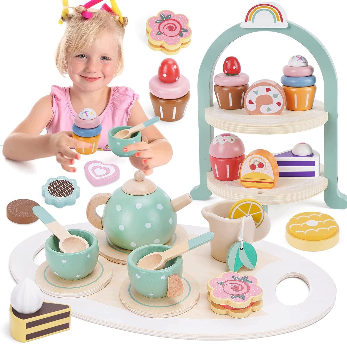 Wooden Confectionery Tea Set for Kids Coffee Service Biscuit Tray Packaging status original