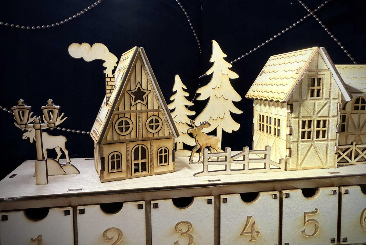 Wooden DIY Advent Calendar – Winter Village | Cutouts Manufacturer code kalendarz adwentowy z domkami duży