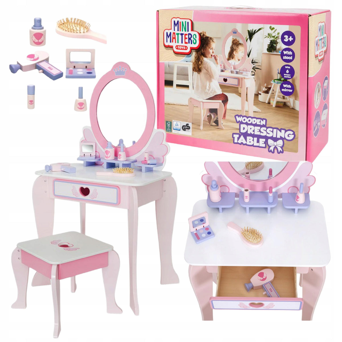 Wooden DRESSING TABLE for girls pink large with mirror Akcesoria dryer Brand no brand
