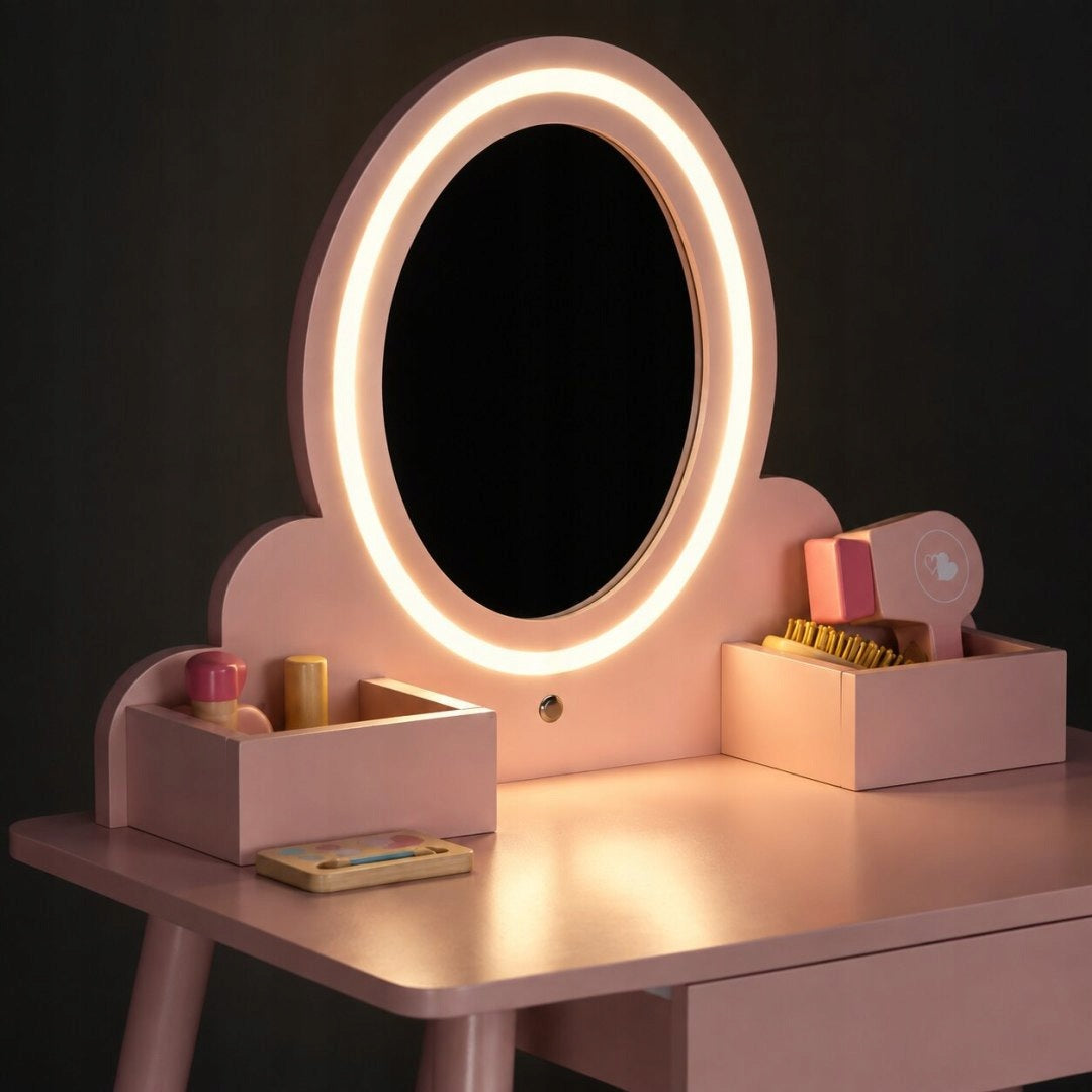 Wooden Dressing Table Children's Mirror LED Drawer Stool 6 Accessories Pink Brand Ecotoys