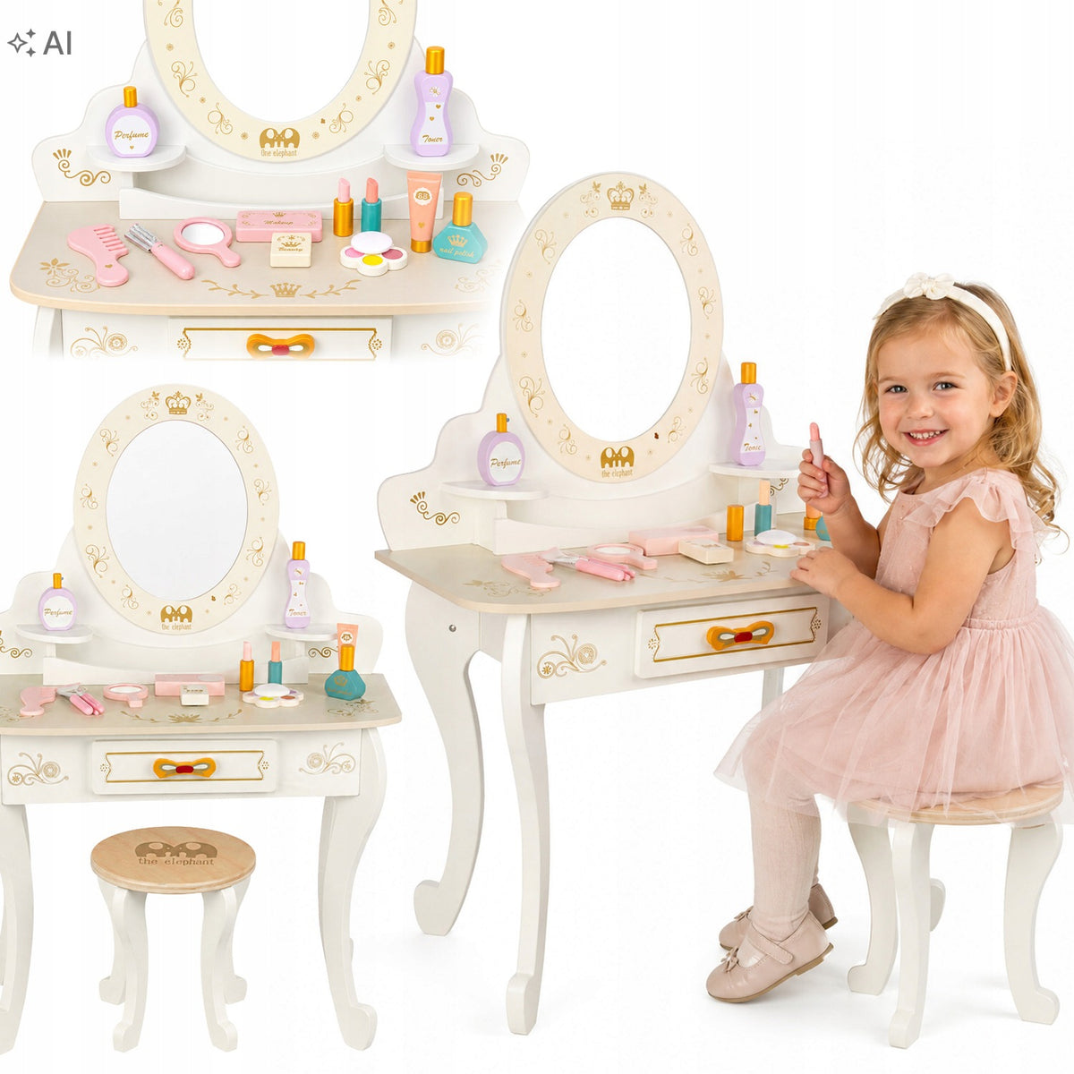 Wooden Dressing Table Cosmetic Bag for Children Mia White Beige Accessories