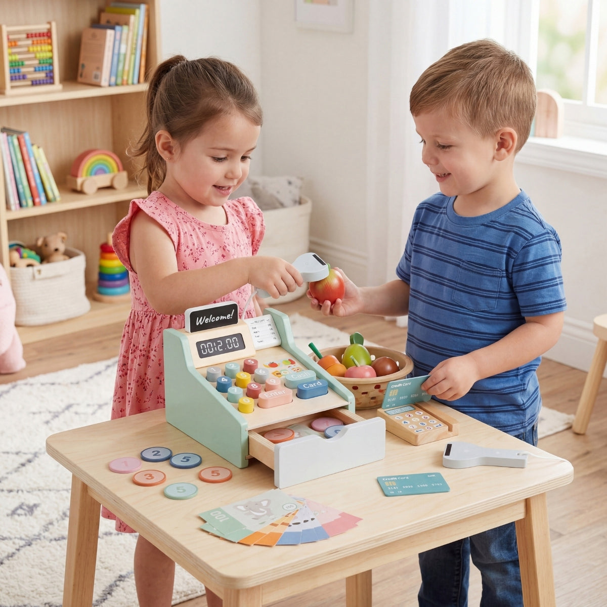 Wooden Educational Toy for Children Shop Cash Register Fiscal Scanner +17el. Manufacturer code Drewniana Kasa Fiskalna Edukacyjna 7733
