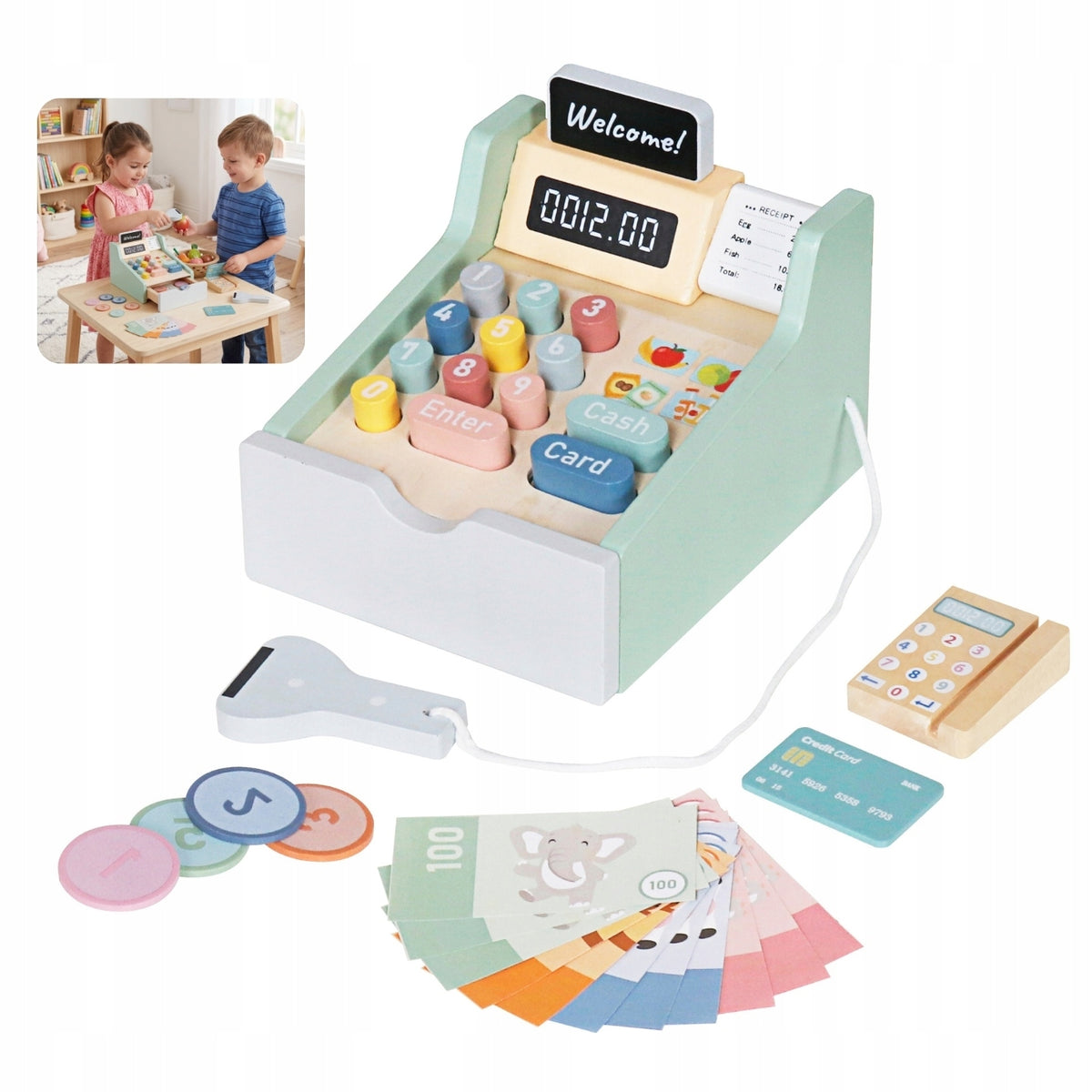 Wooden Educational Toy for Children Shop Cash Register Fiscal Scanner +17el.