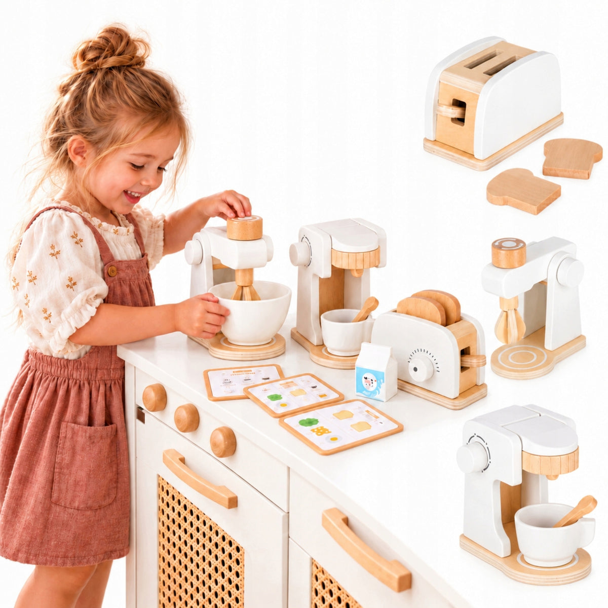 Wooden Household Appliances Set Kids Toaster Maker Mixer Kitchen Accessories