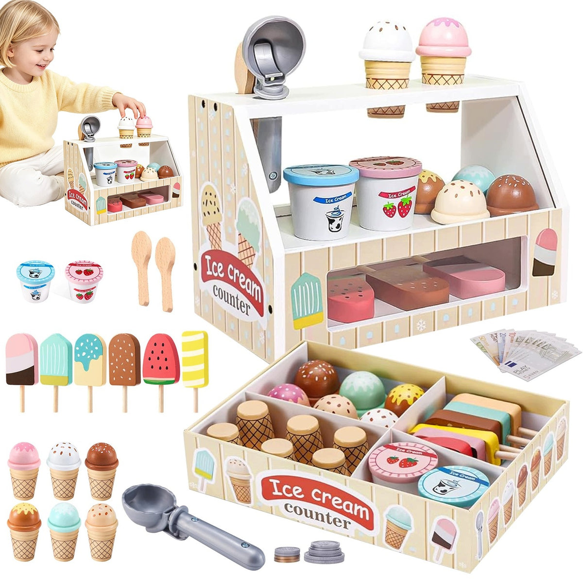 Wooden Ice Cream Shop Role Play Set with Ice Cream and Accessories