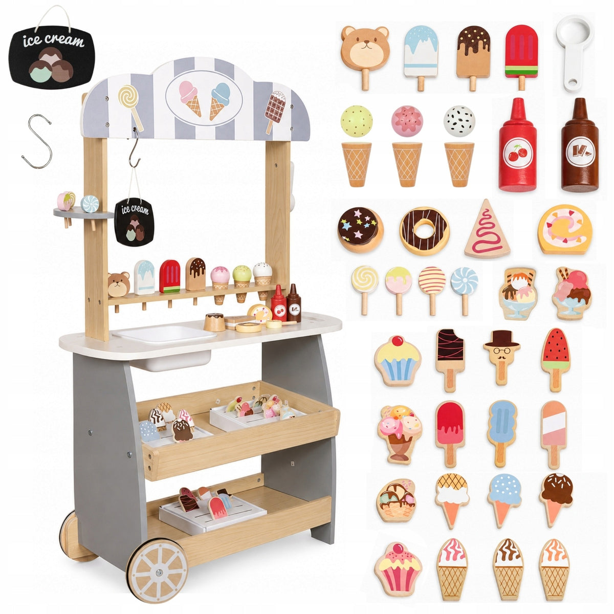 Wooden Ice Cream Shop on Wheels for Children Shop Trolley with Ice Cream Sweets