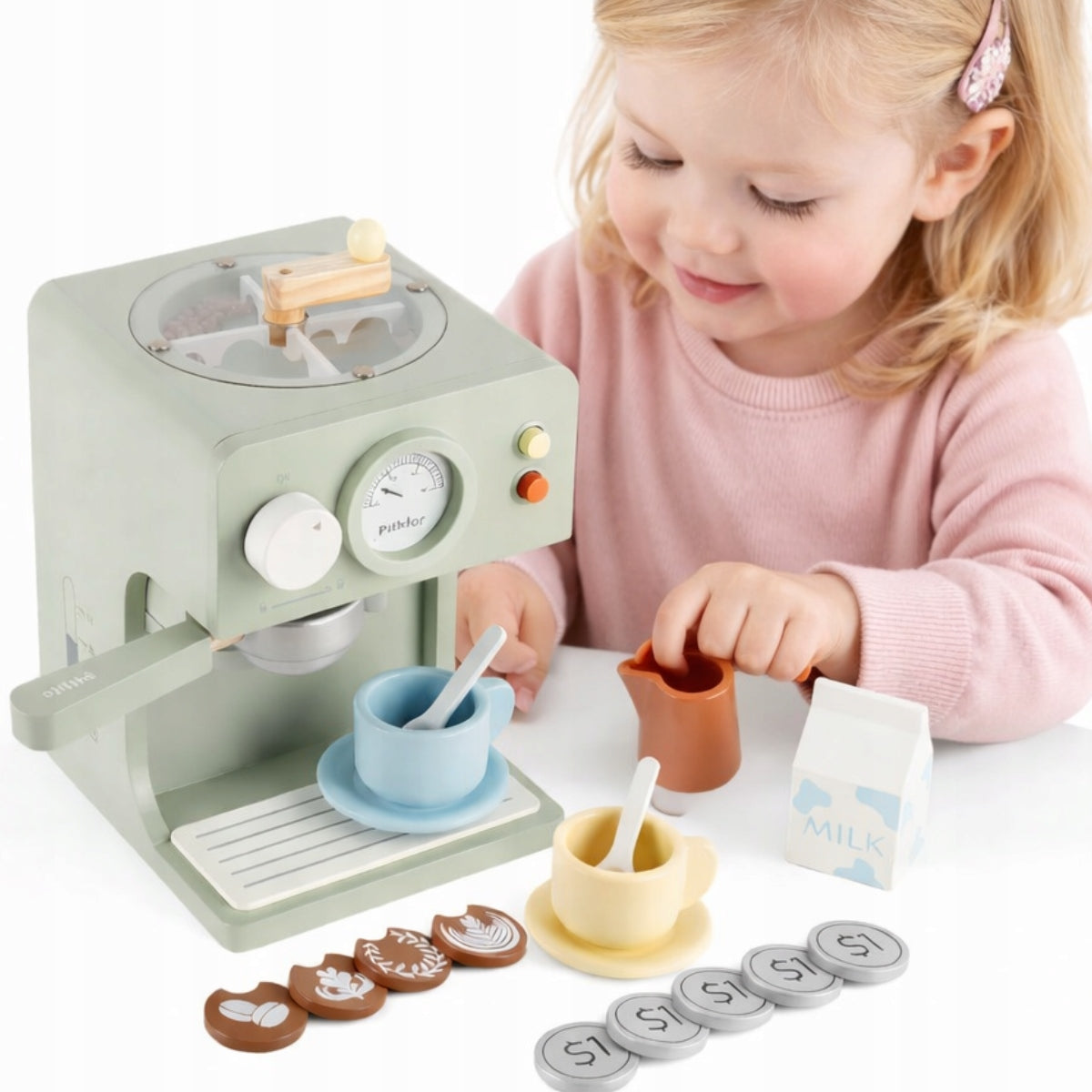 Wooden MeCoffee Coffee Maker for Kids Barista Set with Accessories