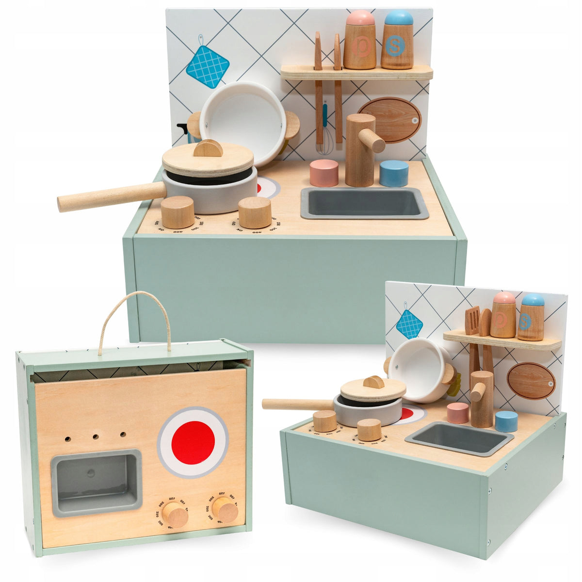 Wooden Mini Kitchen with Accessories for Kids Folding Motor Development