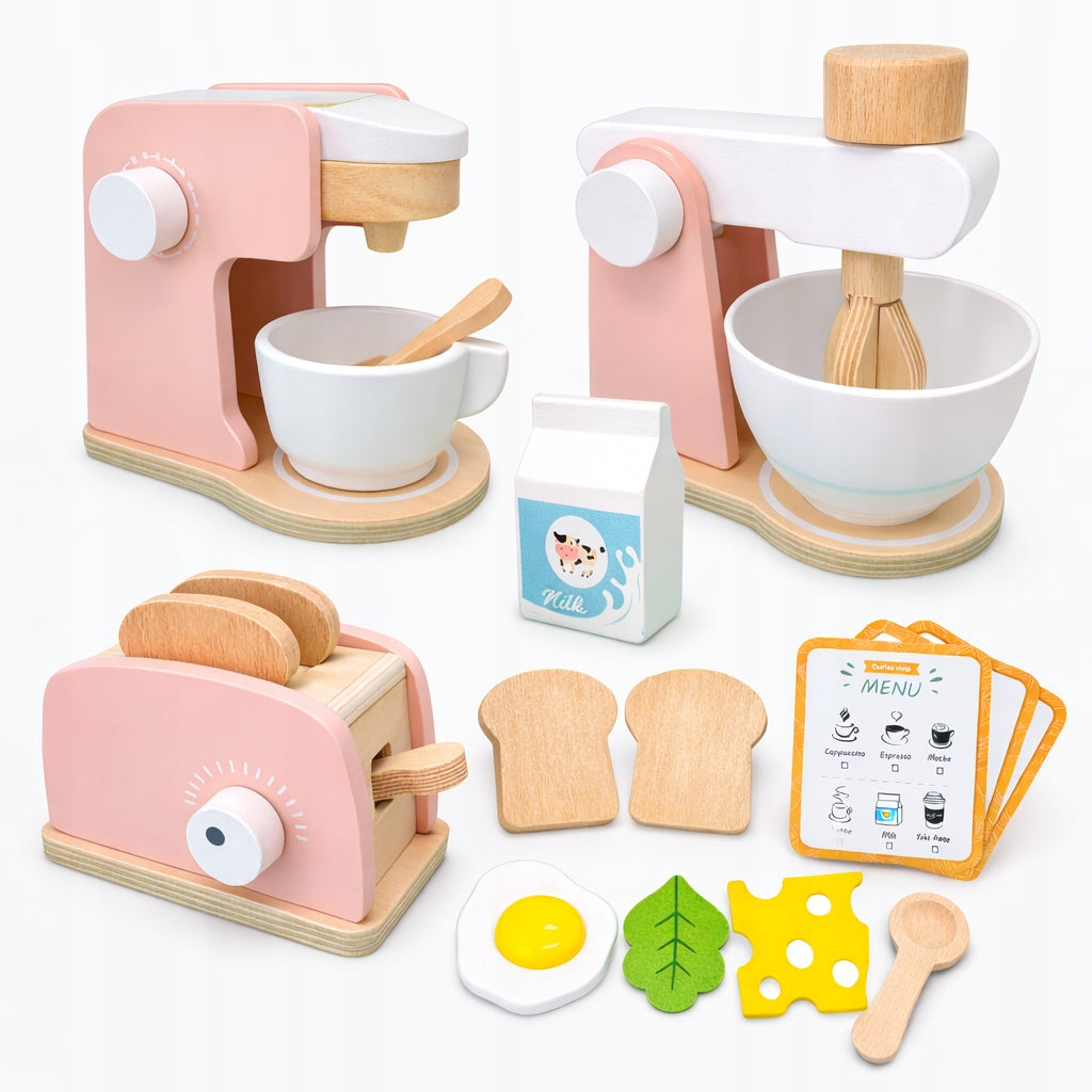 Wooden Playset Toaster Maker Mixer + Accessories Small Household Appliances