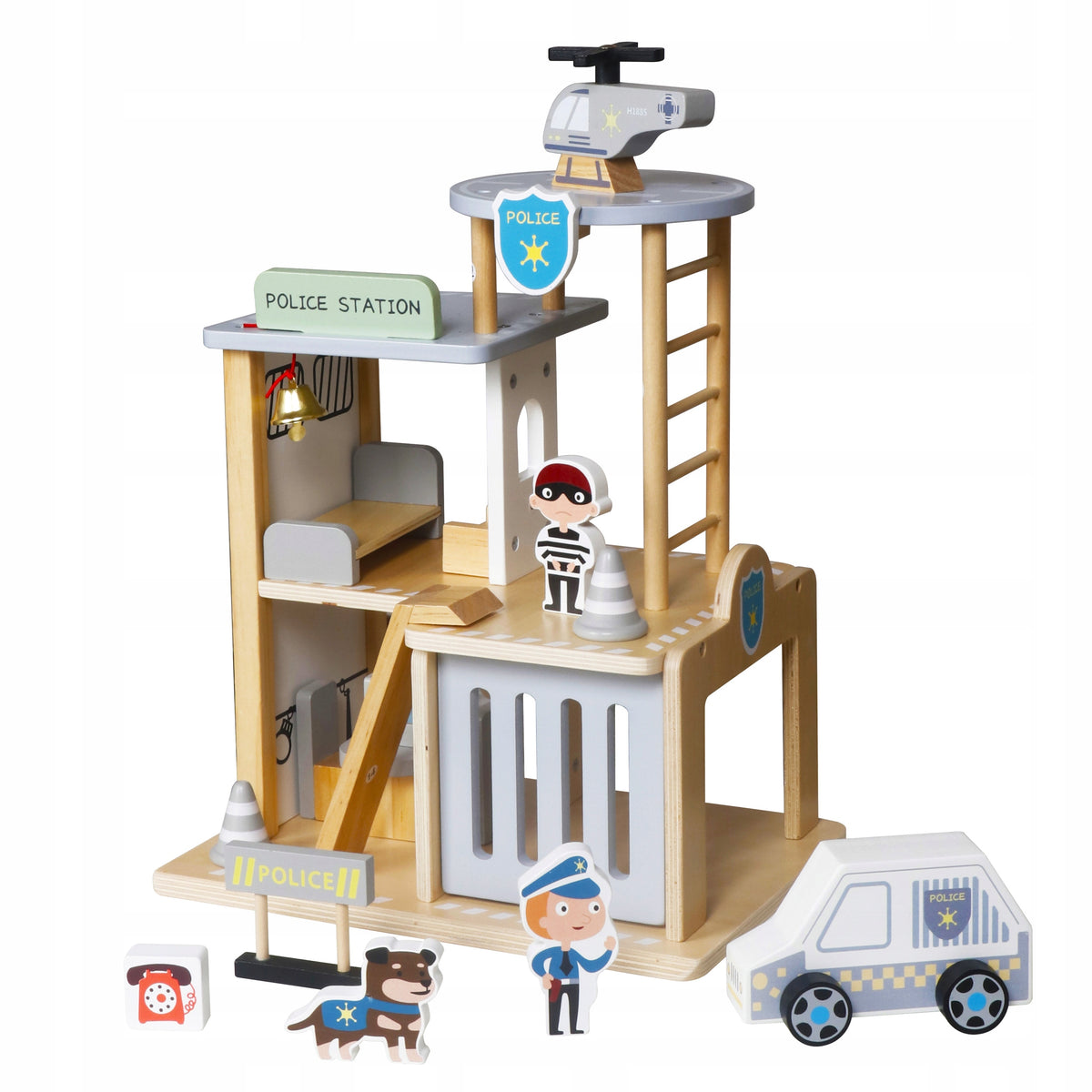 Wooden Police Station Set Vehicles Figurines Helicopter Packaging status original