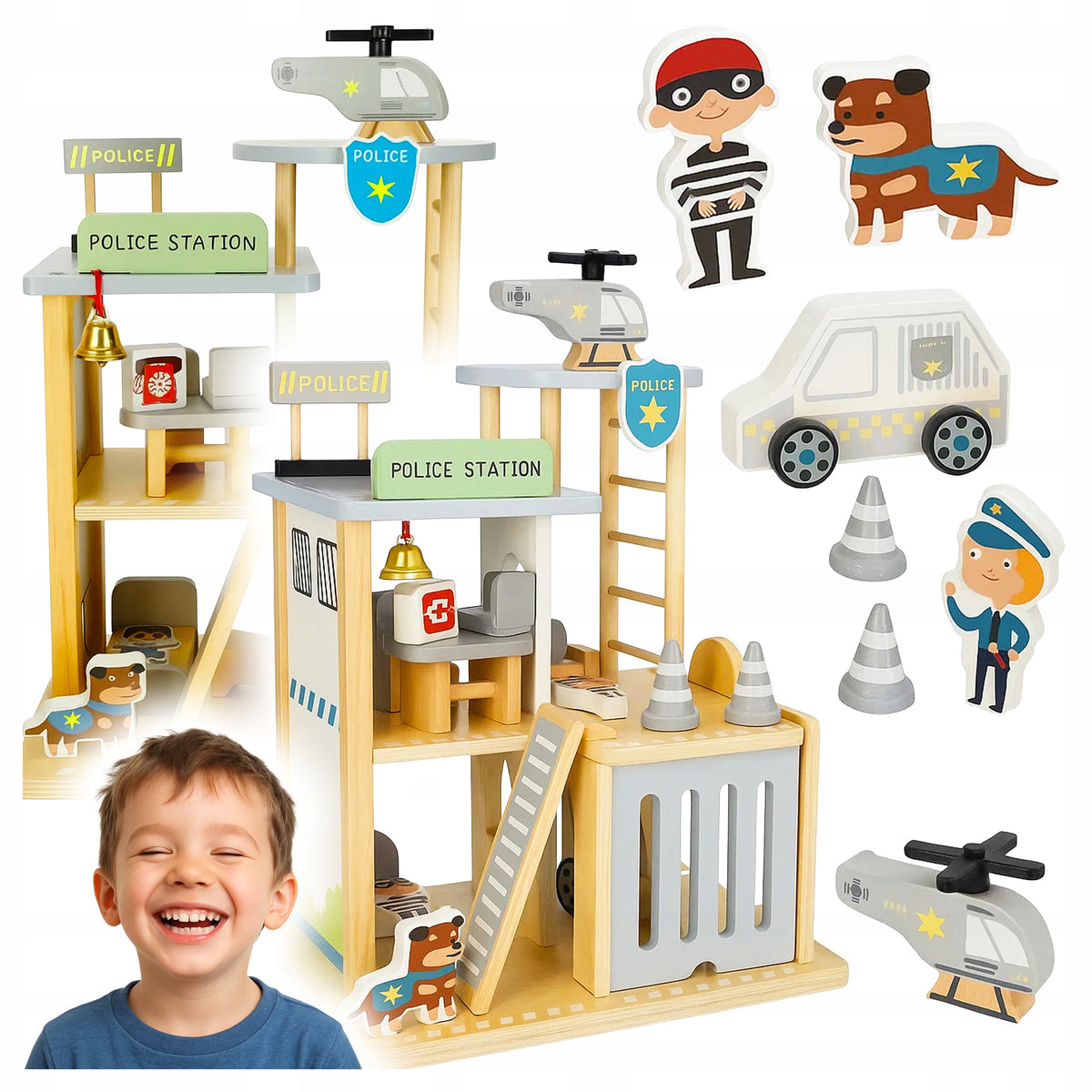 Wooden Police Station Set Vehicles Figurines Helicopter