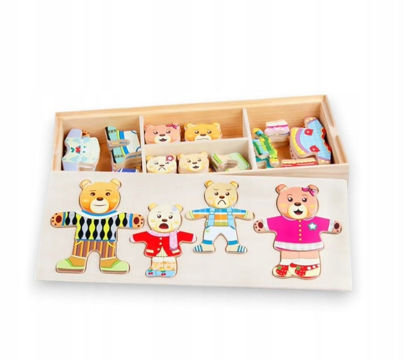 Wooden Puzzle Family Bears Wardrobe Emotions Montessori Box 72 el Brand MilaBaby