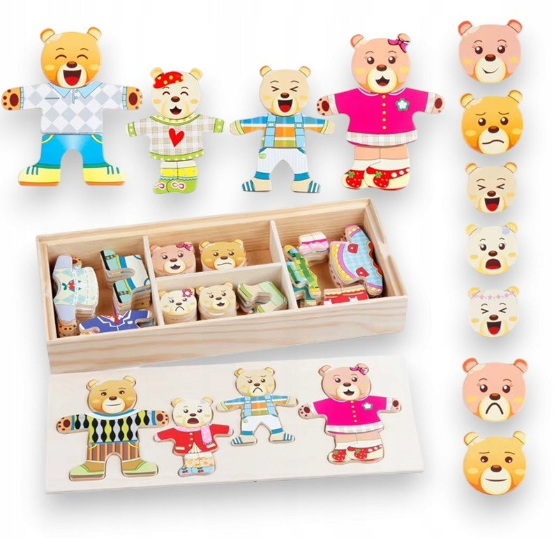 Wooden Puzzle Family Bears Wardrobe Emotions Montessori Box 72 el