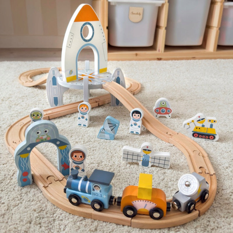 Wooden Space Queue Track Set Tooky Toy Packaging status original
