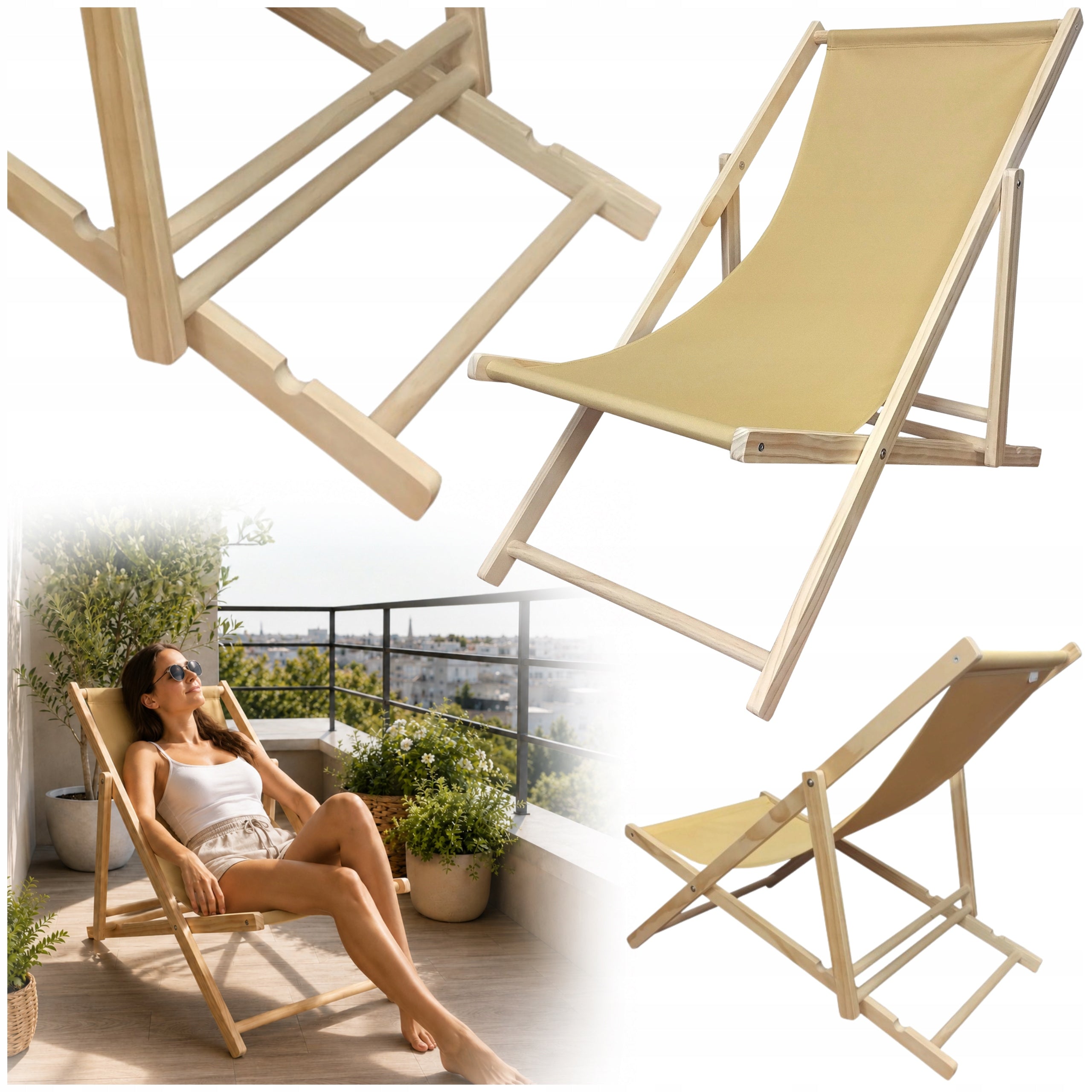 Wooden Sun Lounger Folding Beige-Honey Adjustable in 3 Positions max.120 kg