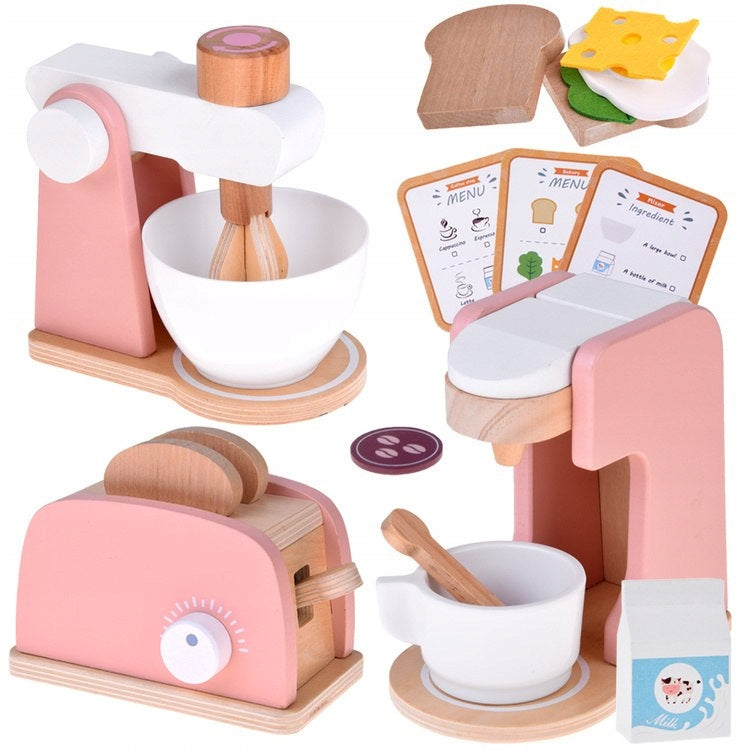 Wooden Toaster Set Express Mixer +Accessories Small Household Appliances for Play