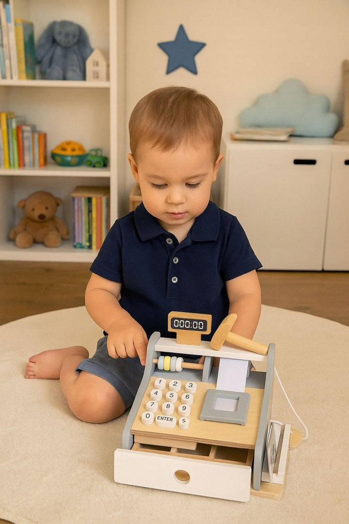 Wooden cash register for children scanner banknotes coins card ECOTOYS Packaging status original
