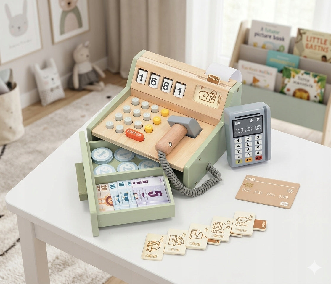 Wooden cash register with accessories fun shop 35 pieces Manufacturer code #1343