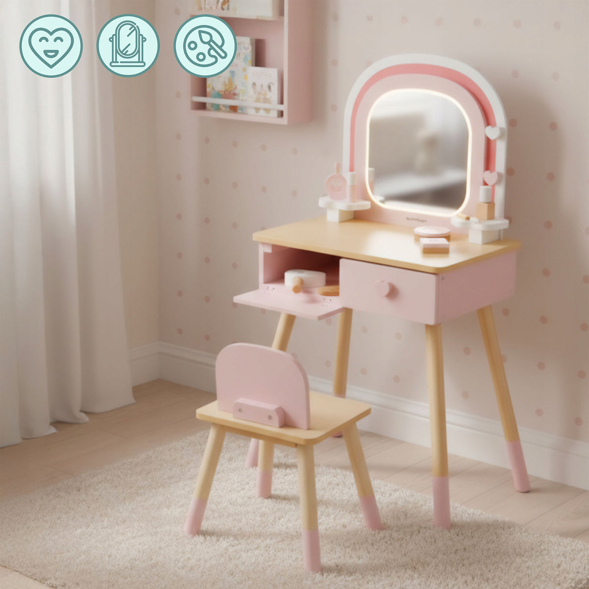 Wooden children's dressing table with LED, chair and accessories Manufacturer code MAM273 VANITY TABLE