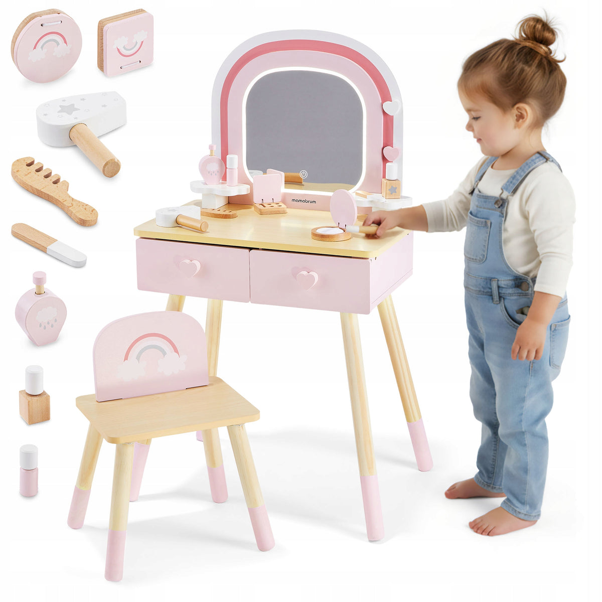Wooden children's dressing table with LED, chair and accessories